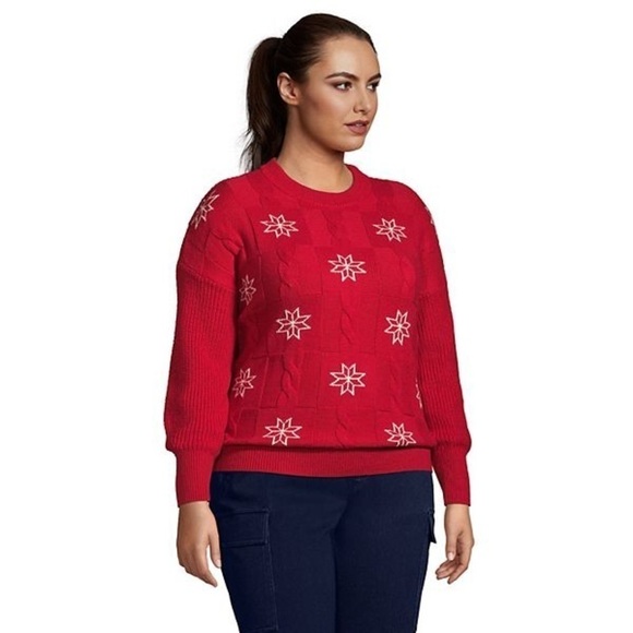 *BRAND NEW* Lands' End Snowflake Patchwork Crewneck Sweater - Picture 2 of 3